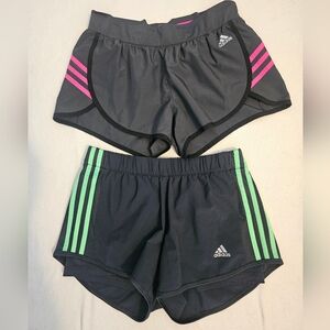 2 ADIDAS Women's Black Athletic Shorts with Pink & Neon Green Stripes SIZE SMALL